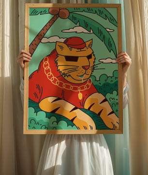 Stylish cartoon tiger lounging under a tropical palm tree with gold accessories