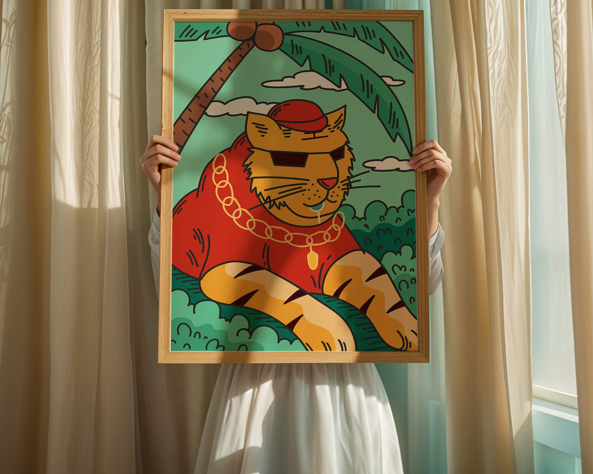Stylish cartoon tiger lounging under a tropical palm tree with gold accessories