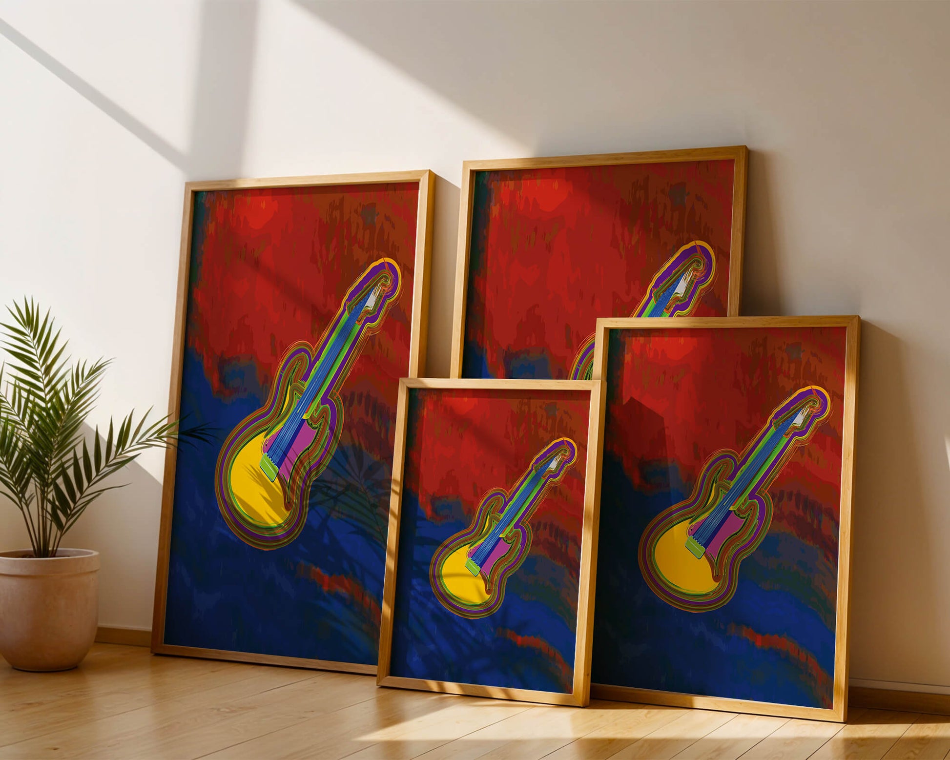 Vibrant abstract guitar illustration with bold colors