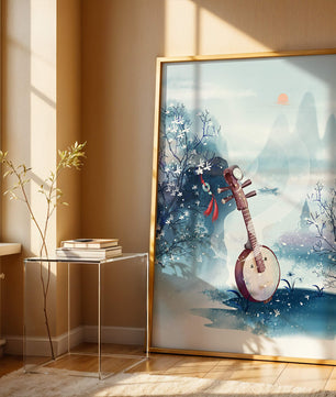Paisaje tradicional chino con instrumento musical y flores