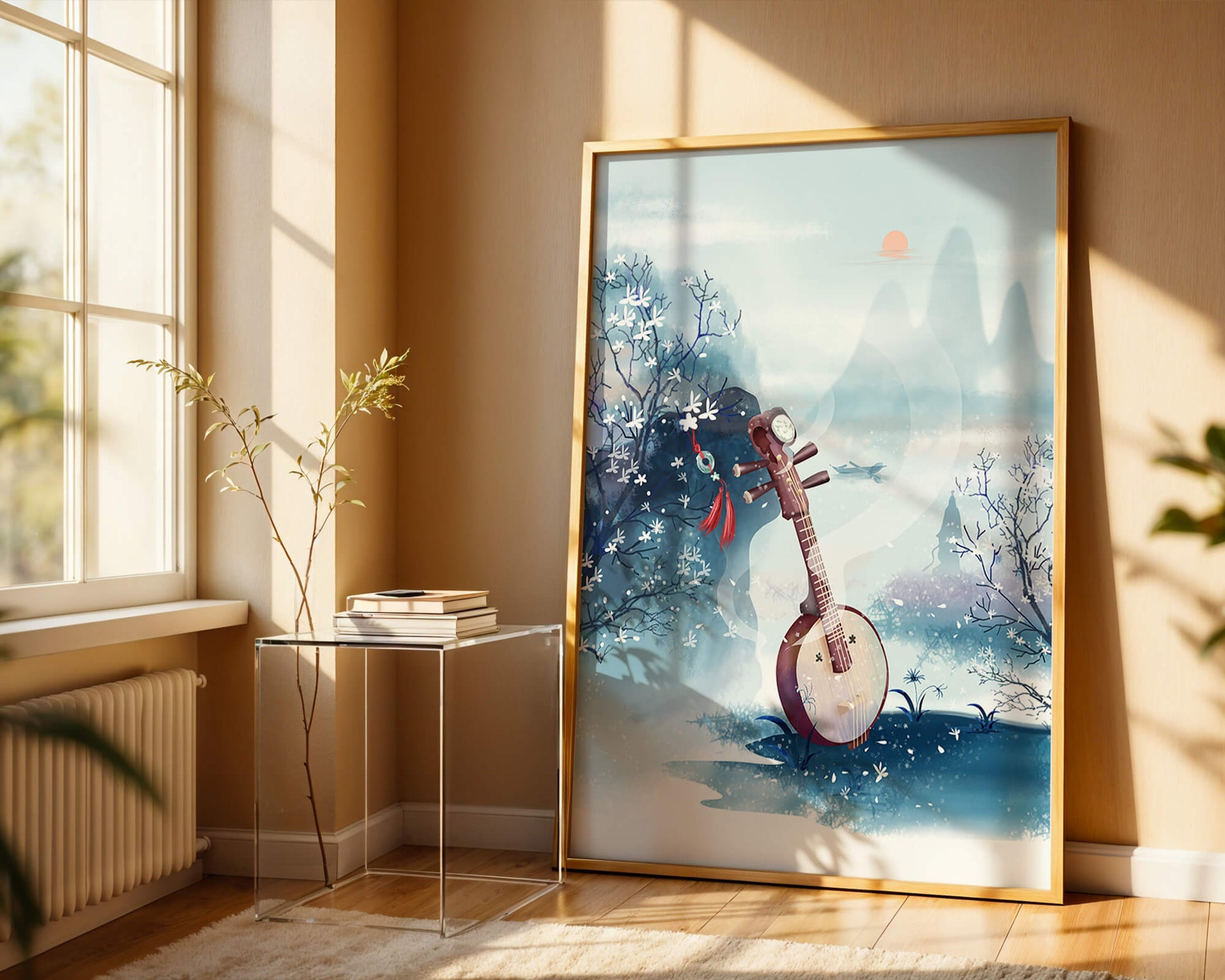 Paisaje tradicional chino con instrumento musical y flores