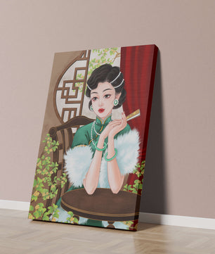 Elegant Woman in Traditional Asian Attire with Floral Background
