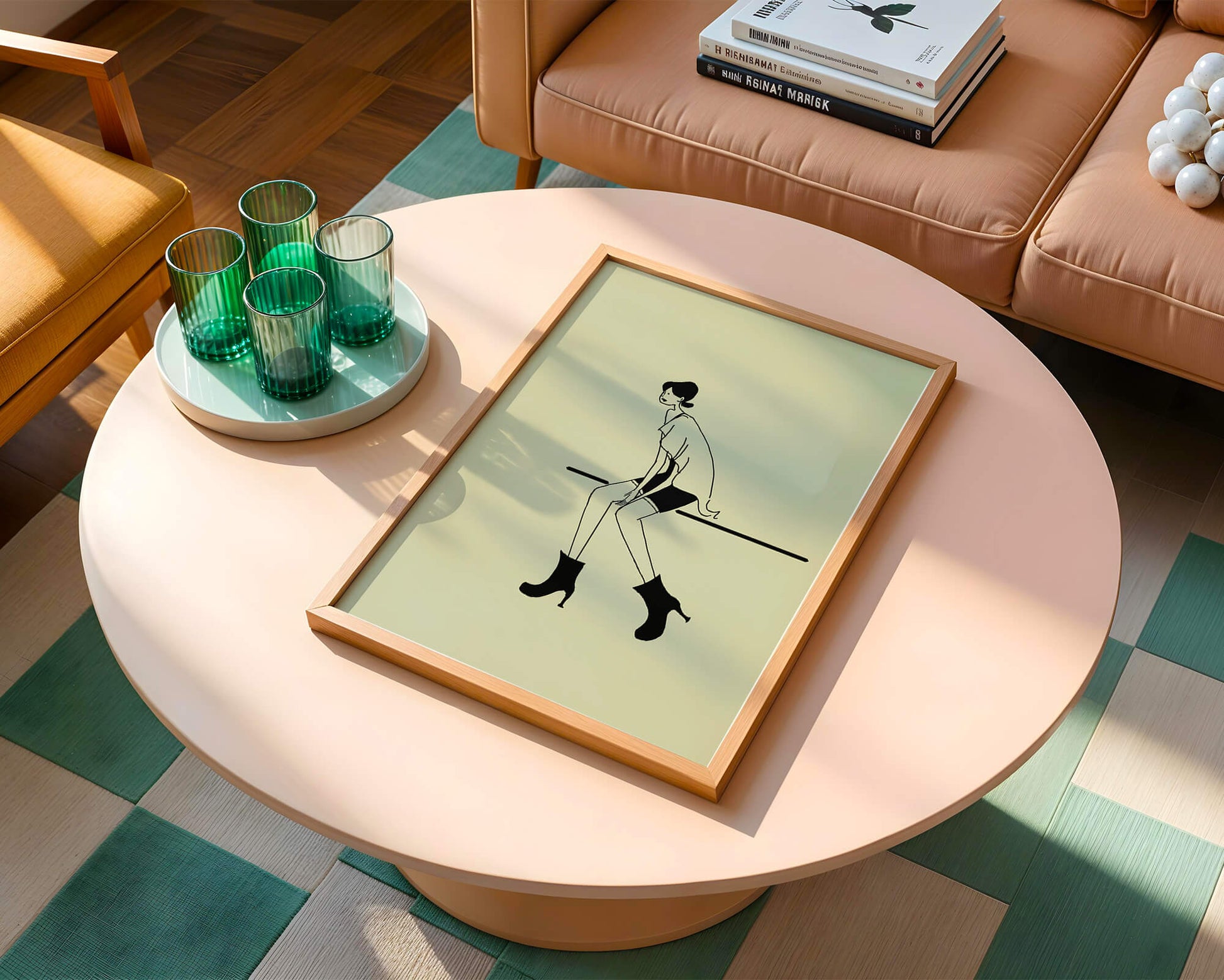 Schicke minimalistische Illustration einer sitzenden Frau in stylischen Stiefeln