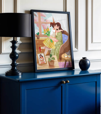 Cozy living room scene with mother and daughter hugging near window
