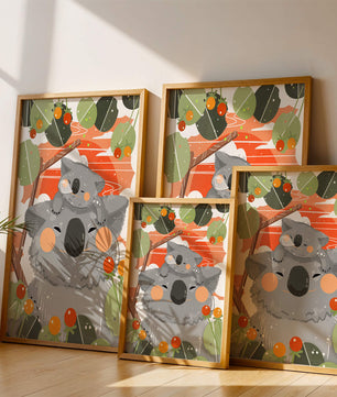 Koalas dans un cadre naturel vibrant aux tons orange et verts