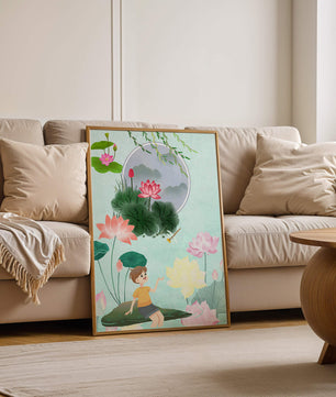 Serene illustration of a child in a lotus garden with vibrant flora