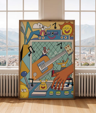 Colorful Cartoon Collage with Musical Elements and Smiling Faces