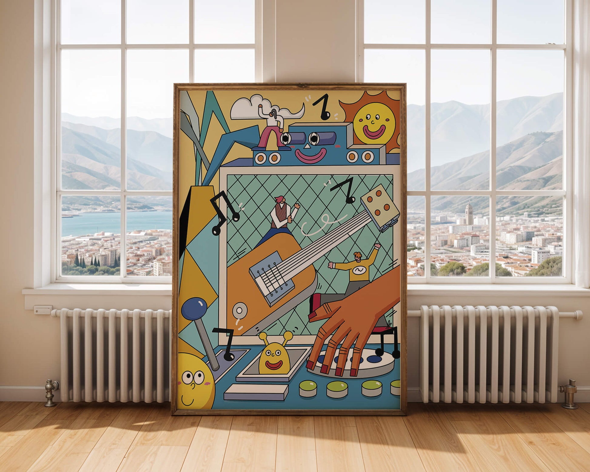 Colorful Cartoon Collage with Musical Elements and Smiling Faces