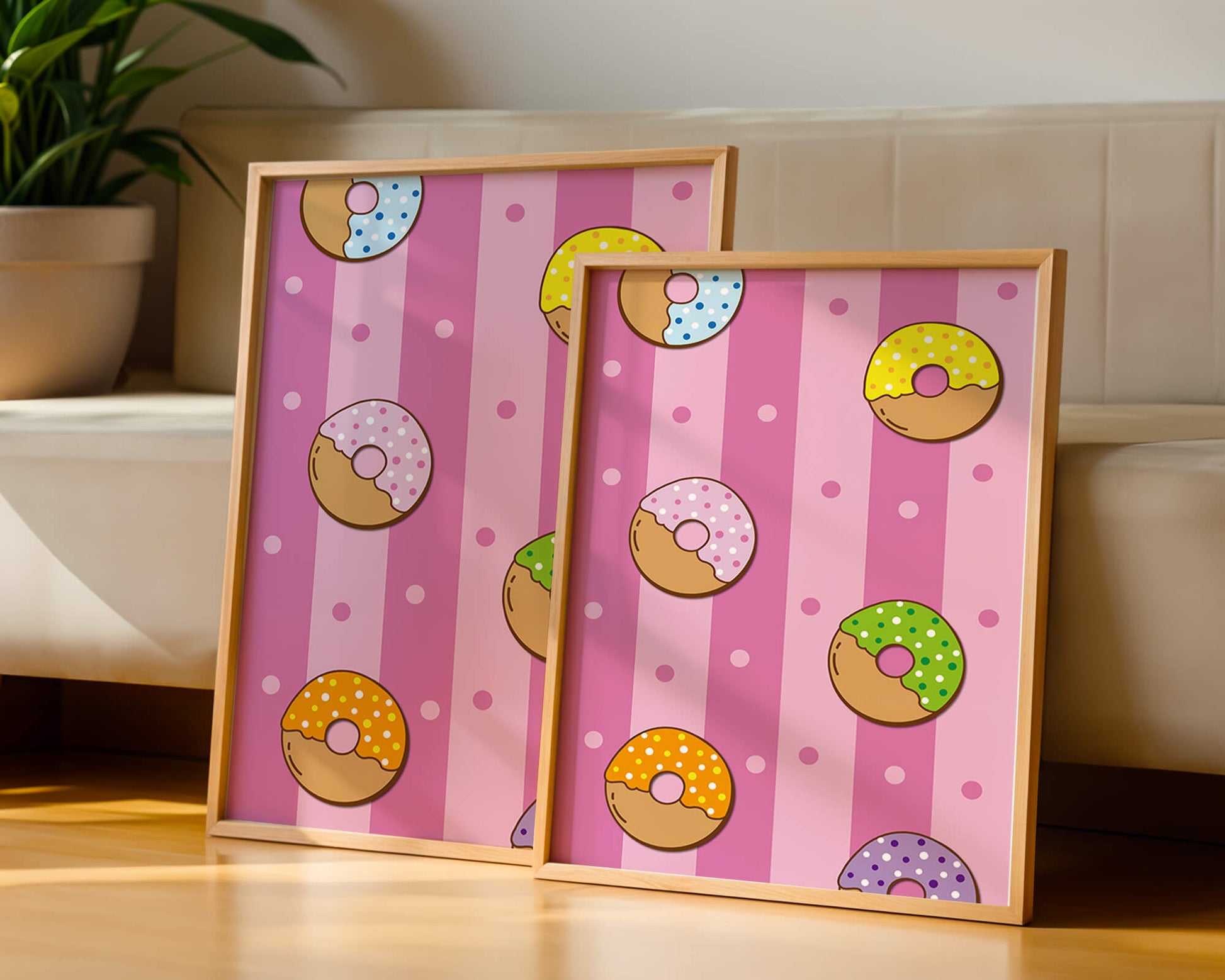 Colorful donut pattern on pink striped background