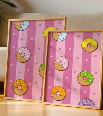 Colorful donut pattern on pink striped background