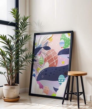 Whimsical illustration of whales and floating stars with colorful eggs