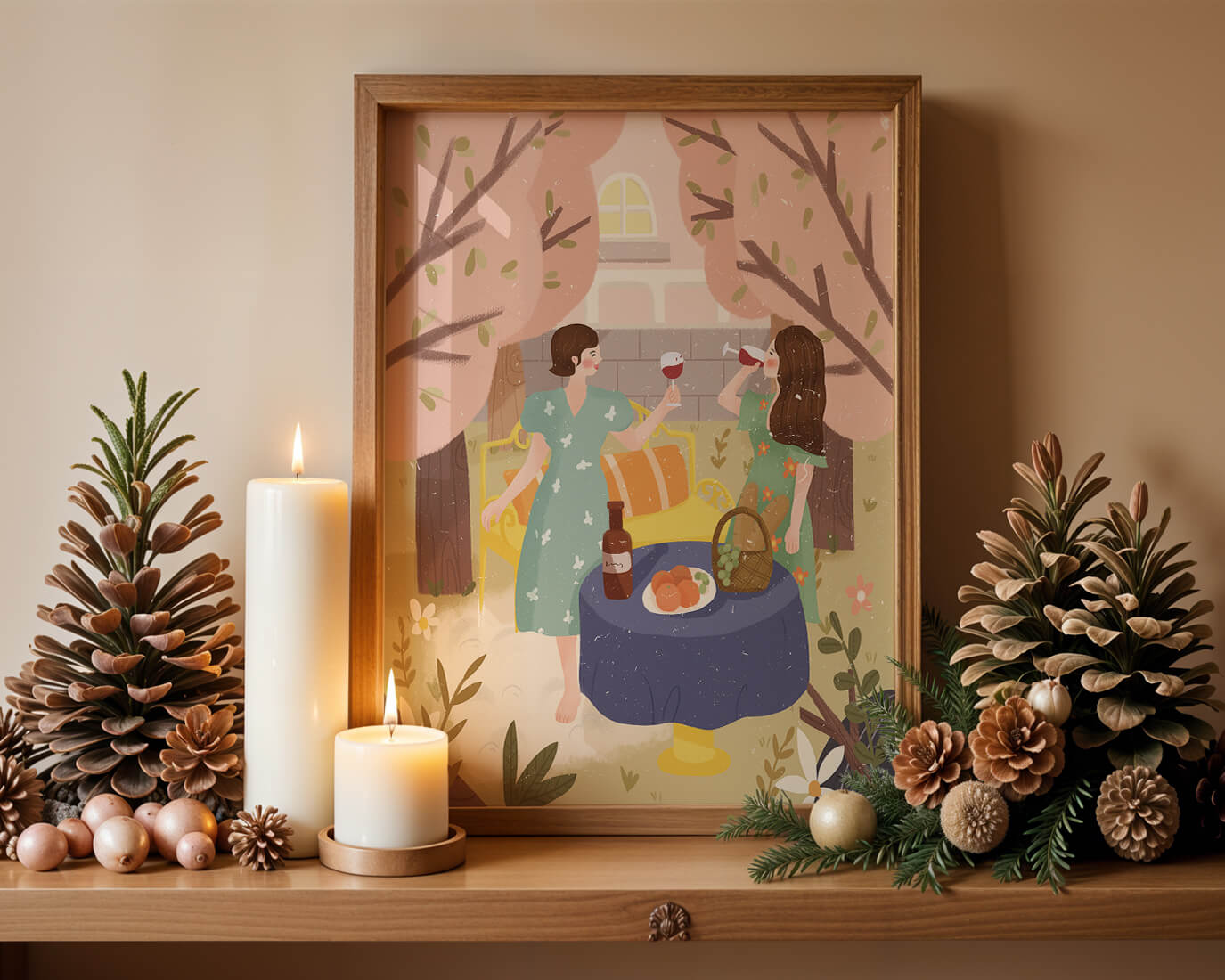 Reunión primaveral en el jardín con vino y frutas