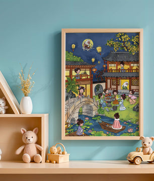 Traditional Chinese Garden Scene with Lanterns and Moon Rabbit