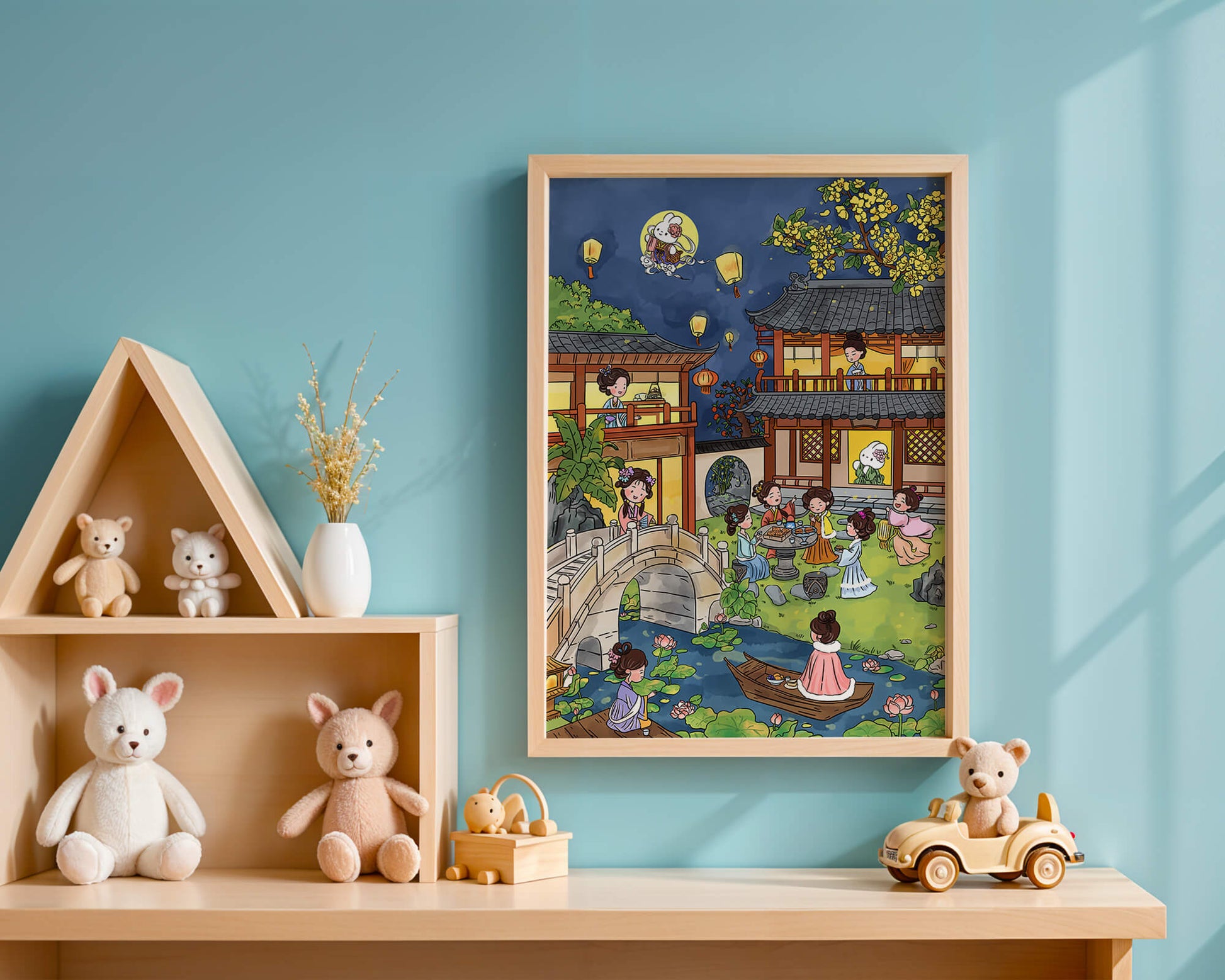 Escena de jardín chino tradicional con linternas y conejo lunar