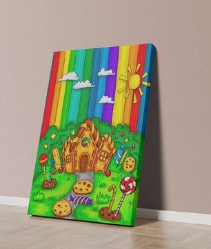 Whimsical candy house in a vibrant rainbow landscape