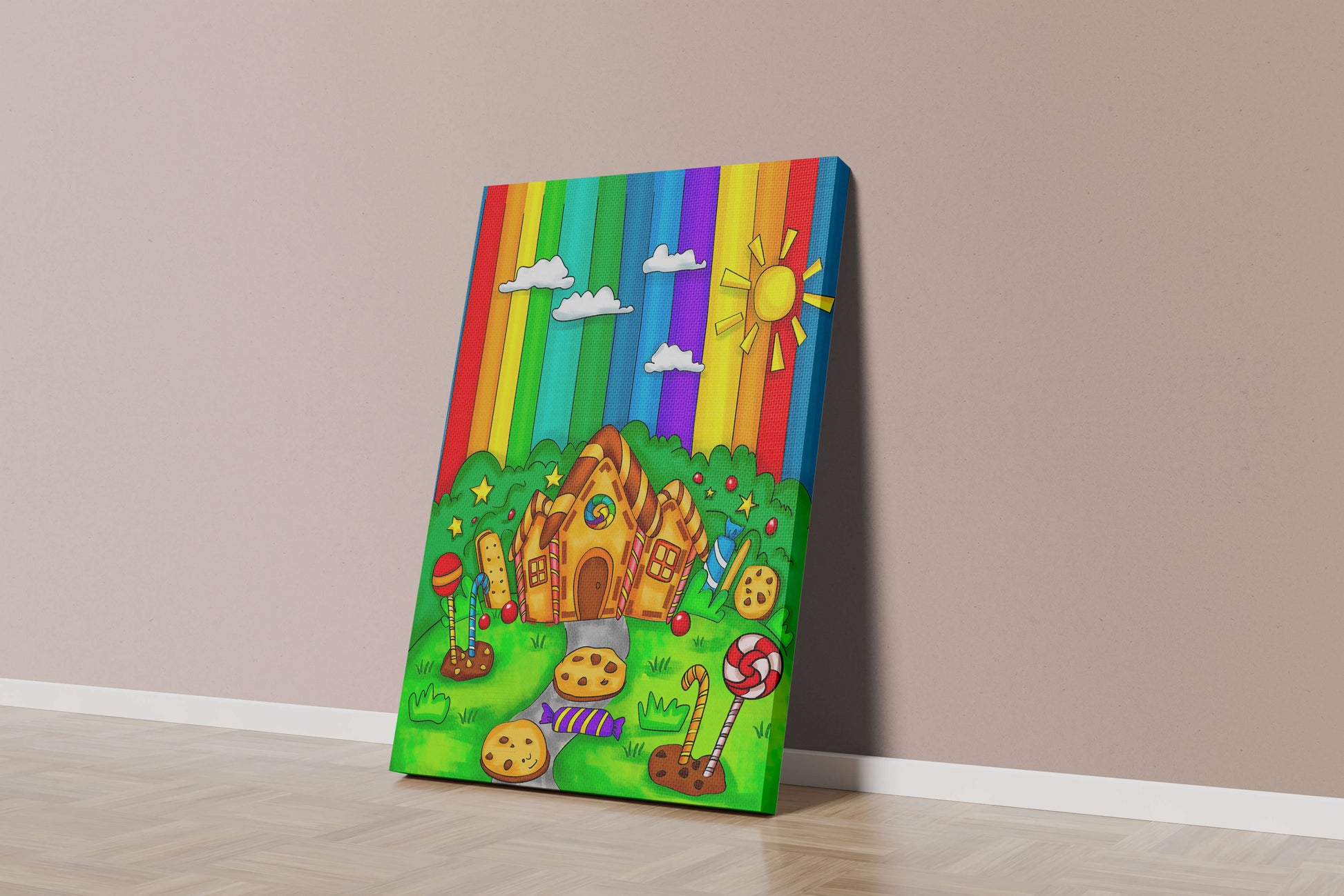 Whimsical candy house in a vibrant rainbow landscape