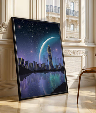 Paisaje urbano futurista bajo un cielo estrellado