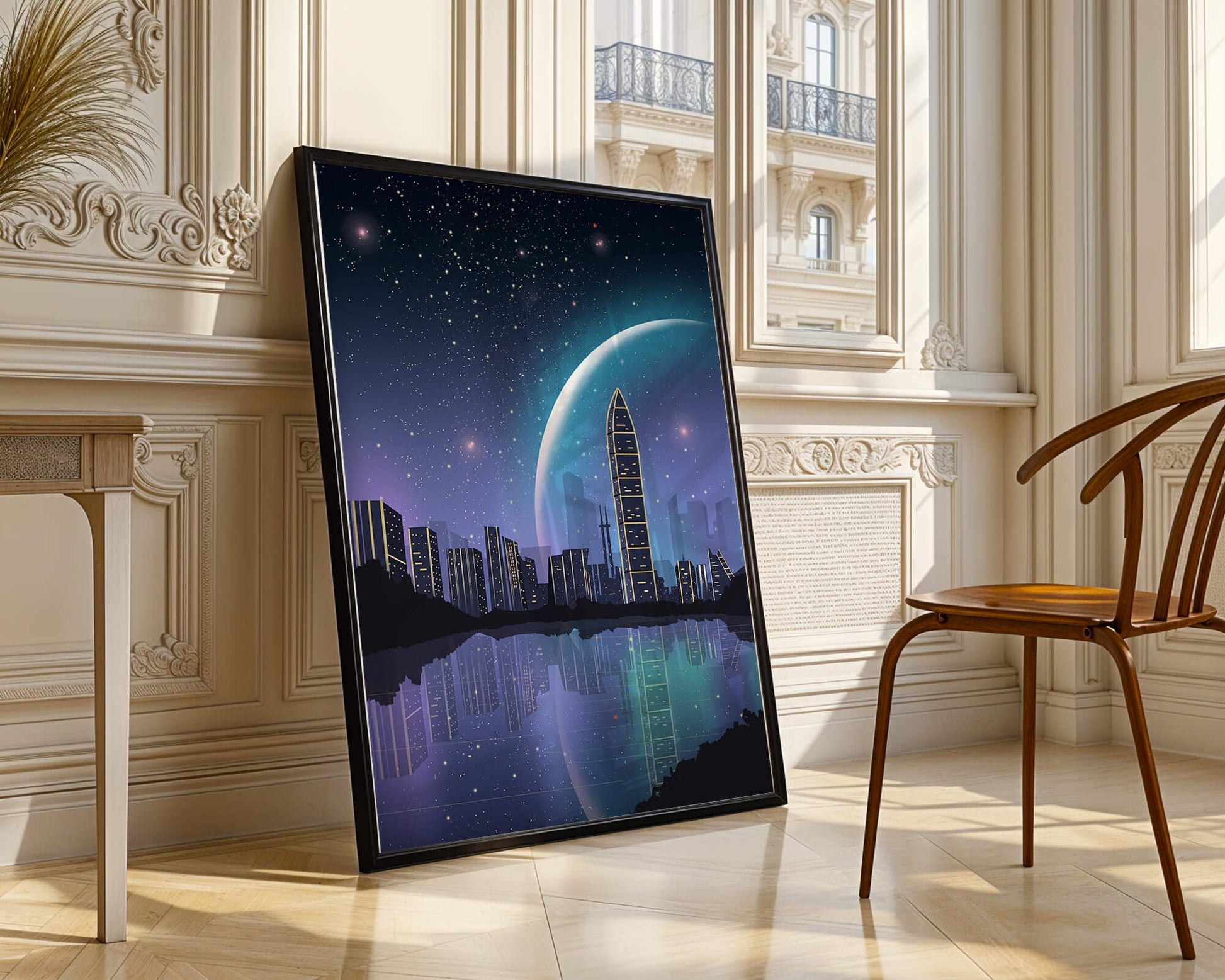 Futuristic cityscape under a starry night sky