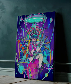 Geisha cibernética futurista con elementos de realidad virtual