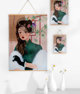 Elegant woman in vintage attire with netted hat and floral elements