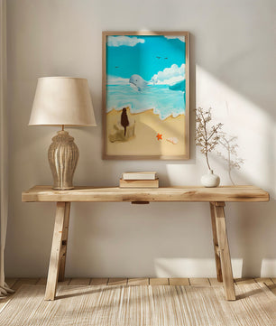 Meeresblick mit Wal und Elemente am Strand