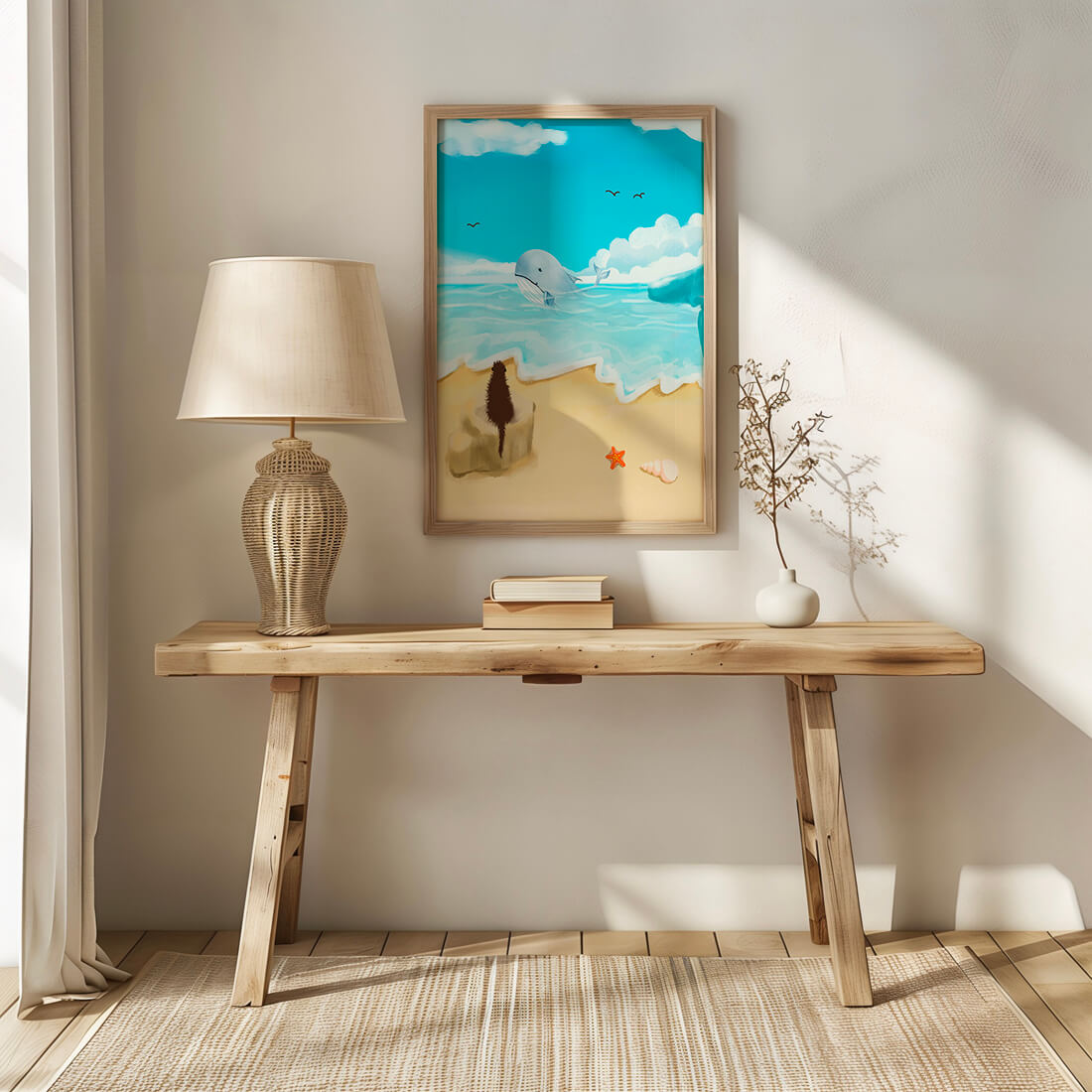 Vista al océano con ballena y elementos de playa