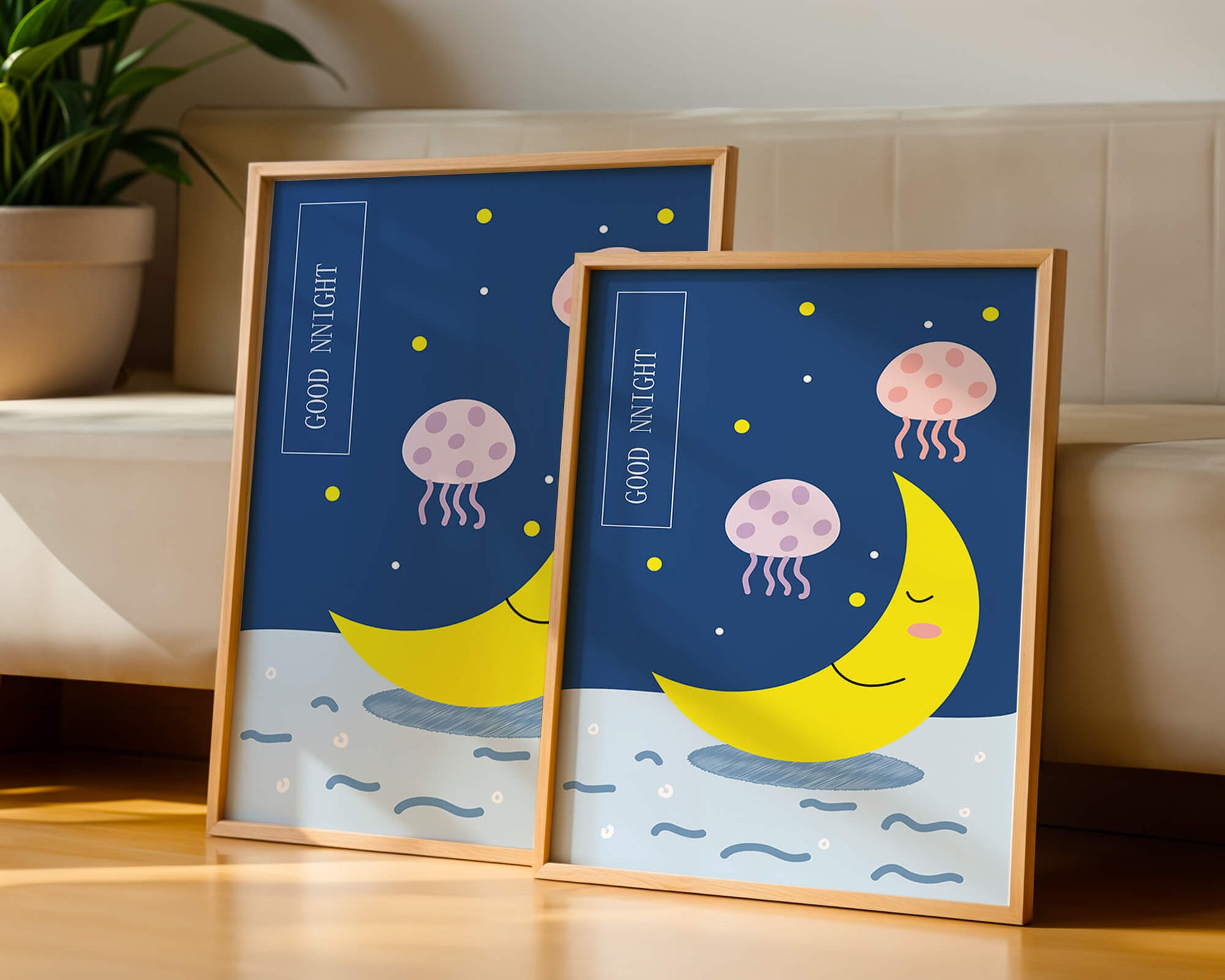 Whimsical night scene with a smiling moon and playful jellyfish