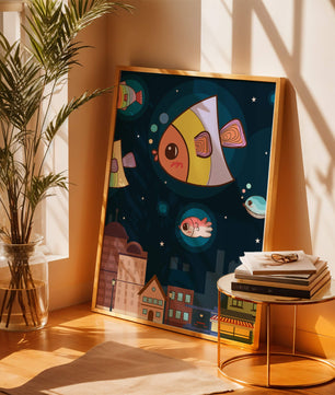 Poisson de dessin animé flottant au-dessus d'une ville nocturne avec des étoiles