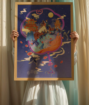 Escena nocturna oriental romántica con pareja y pagodas bajo la luz de la luna