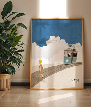 Urban scene with tram and pedestrian under a blue sky