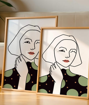 Modern Minimalist Portrait of a Winking Woman in Green Polka Dot Dress - Mi tienda
