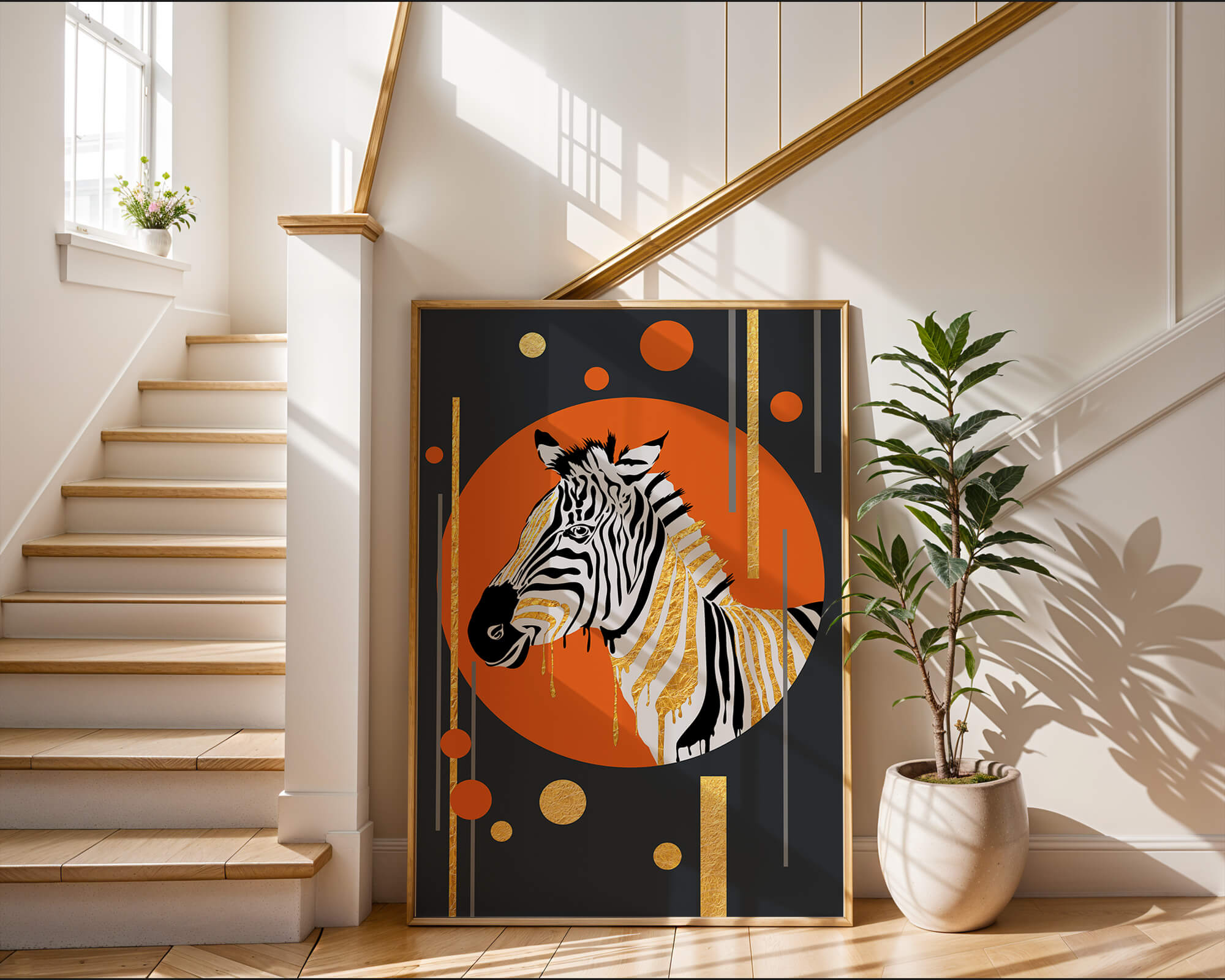 Modern zebra art with golden accents on abstract background
