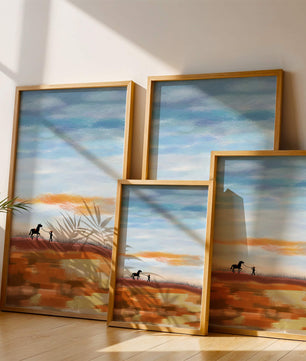 Serene landscape with cowboy and horse under vast sky