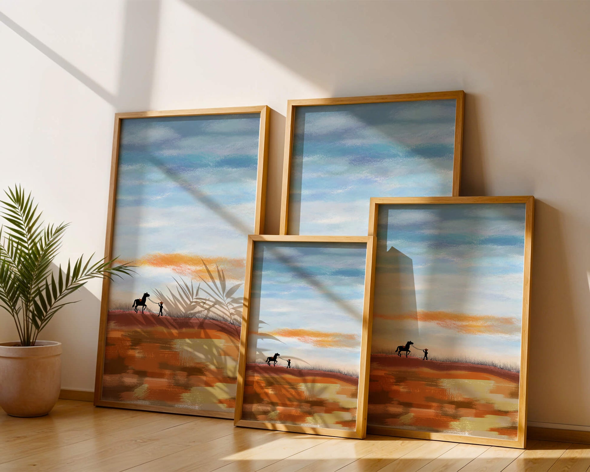 Serene landscape with cowboy and horse under vast sky