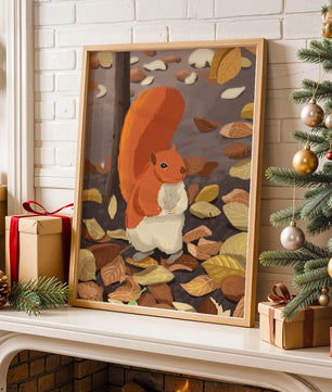 Ilustración de una ardilla adorable entre hojas de otoño