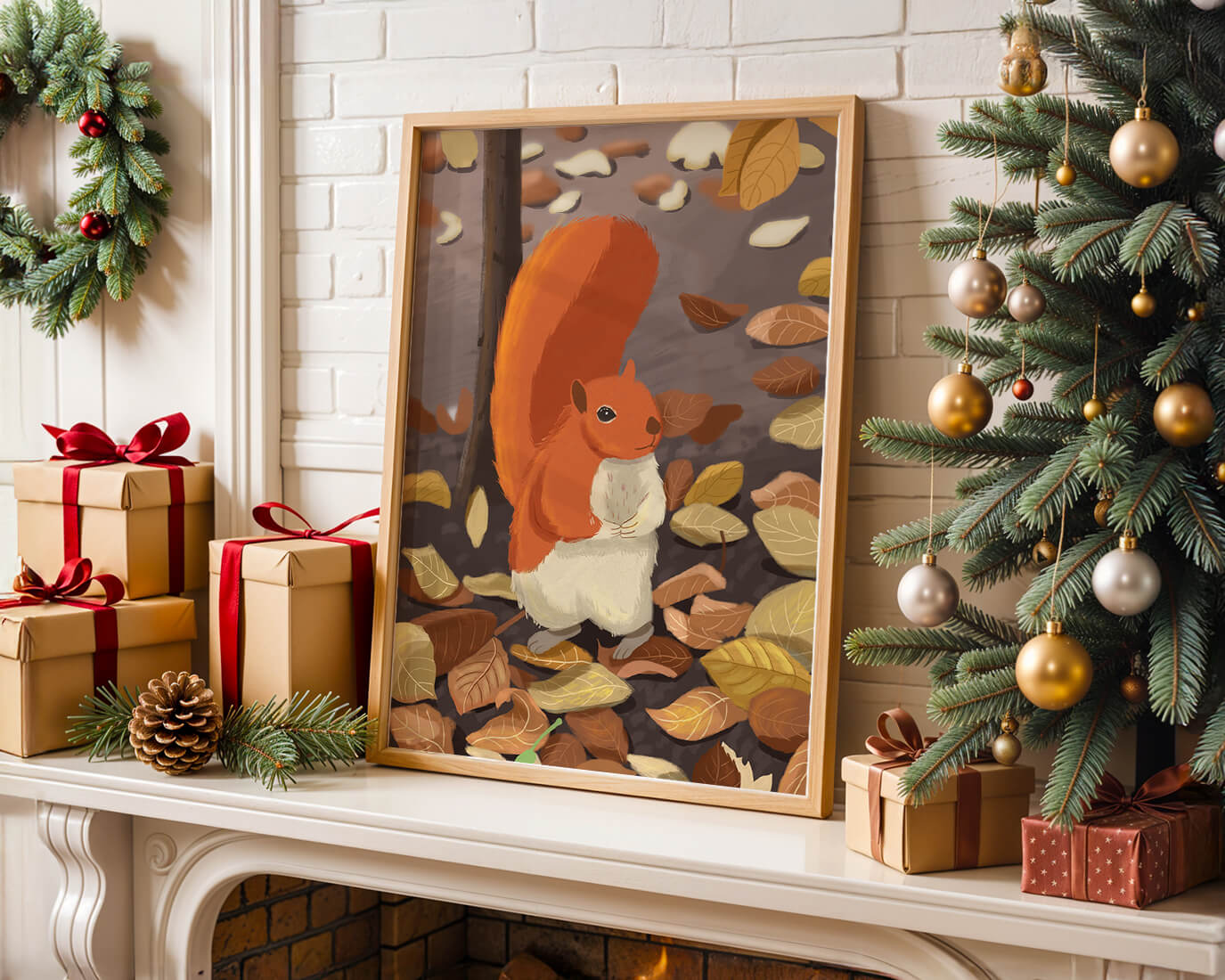 Illustration of a cute squirrel among autumn leaves