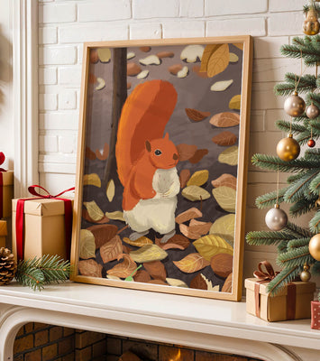 Illustration of a cute squirrel among autumn leaves