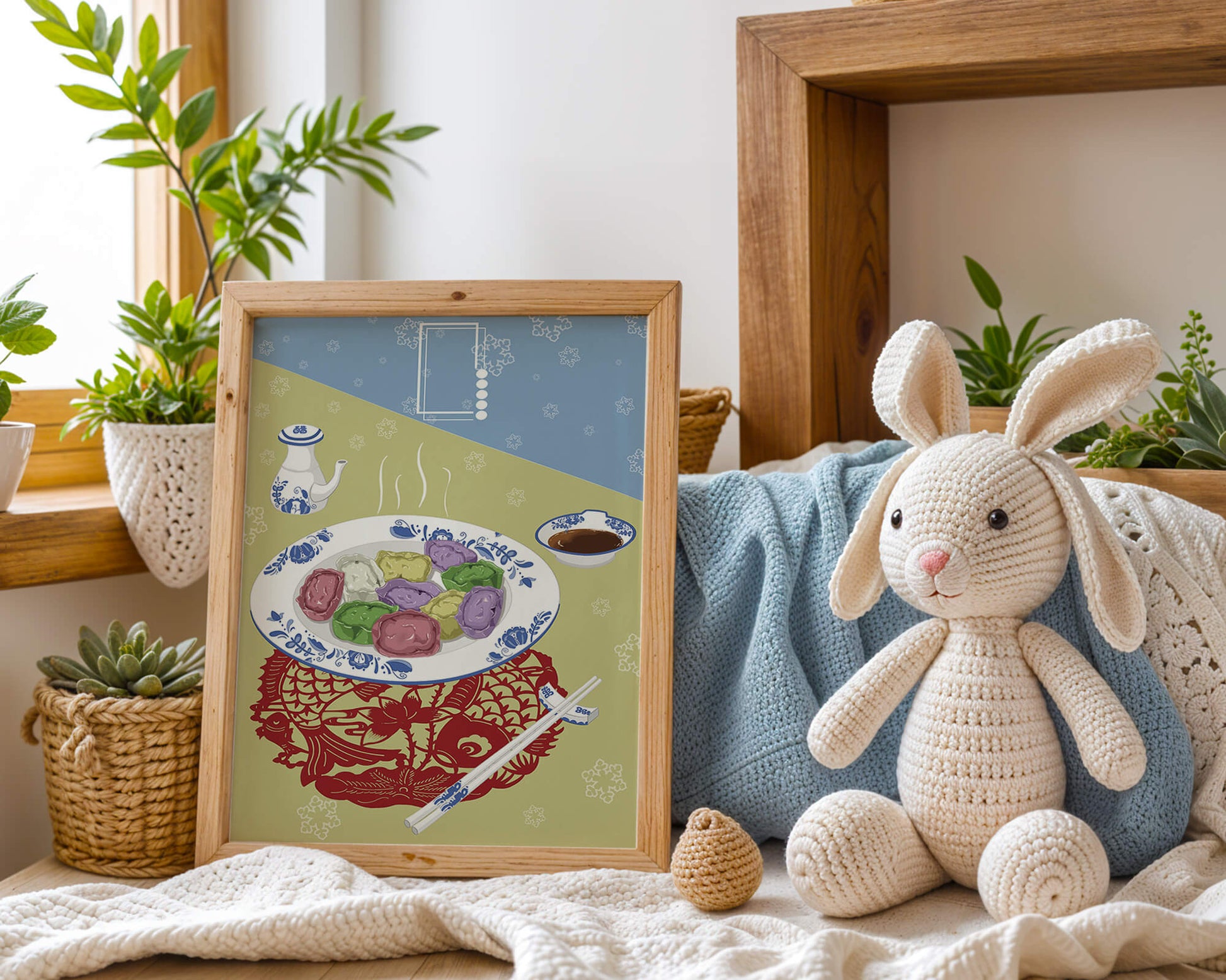 Colorful dumplings and tea set on decorative mat