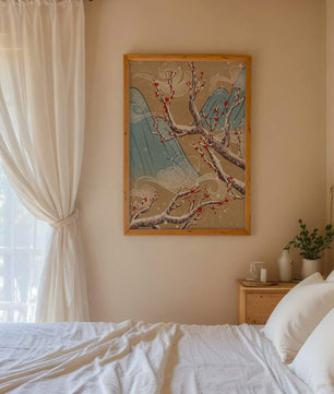 Traditional Japanese landscape with blooming cherry branches