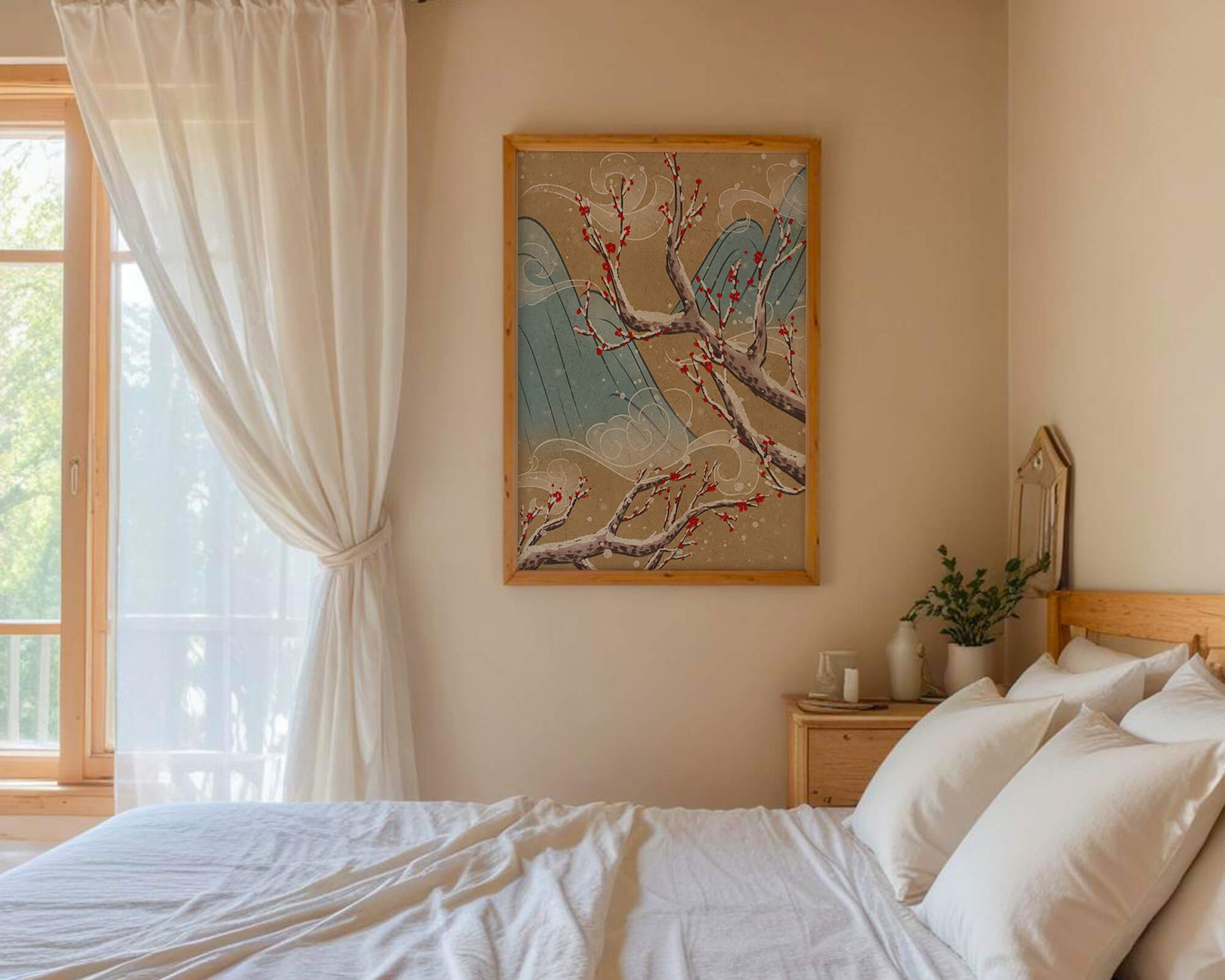 Traditional Japanese landscape with blooming cherry branches