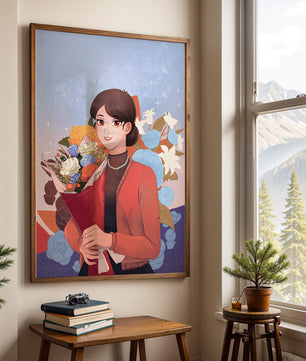 Mujer sosteniendo ramo con fondo floral