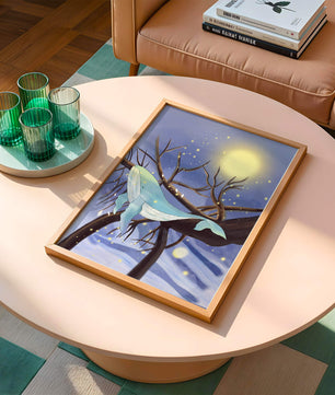 Whale resting on tree branches under starry night sky