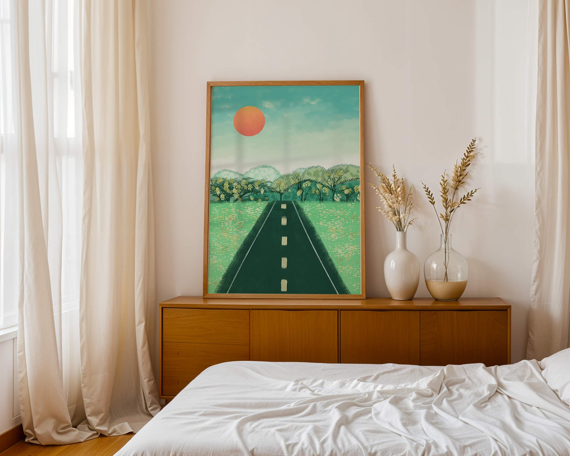 Serene Landscape with Road Leading to Sunset and Lush Greenery