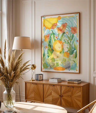 Charming watercolor illustration of lion and rabbit in a vibrant floral landscape
