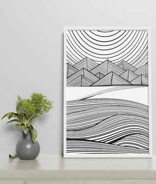 Abstract Black and White Geometric Landscape with Line Art