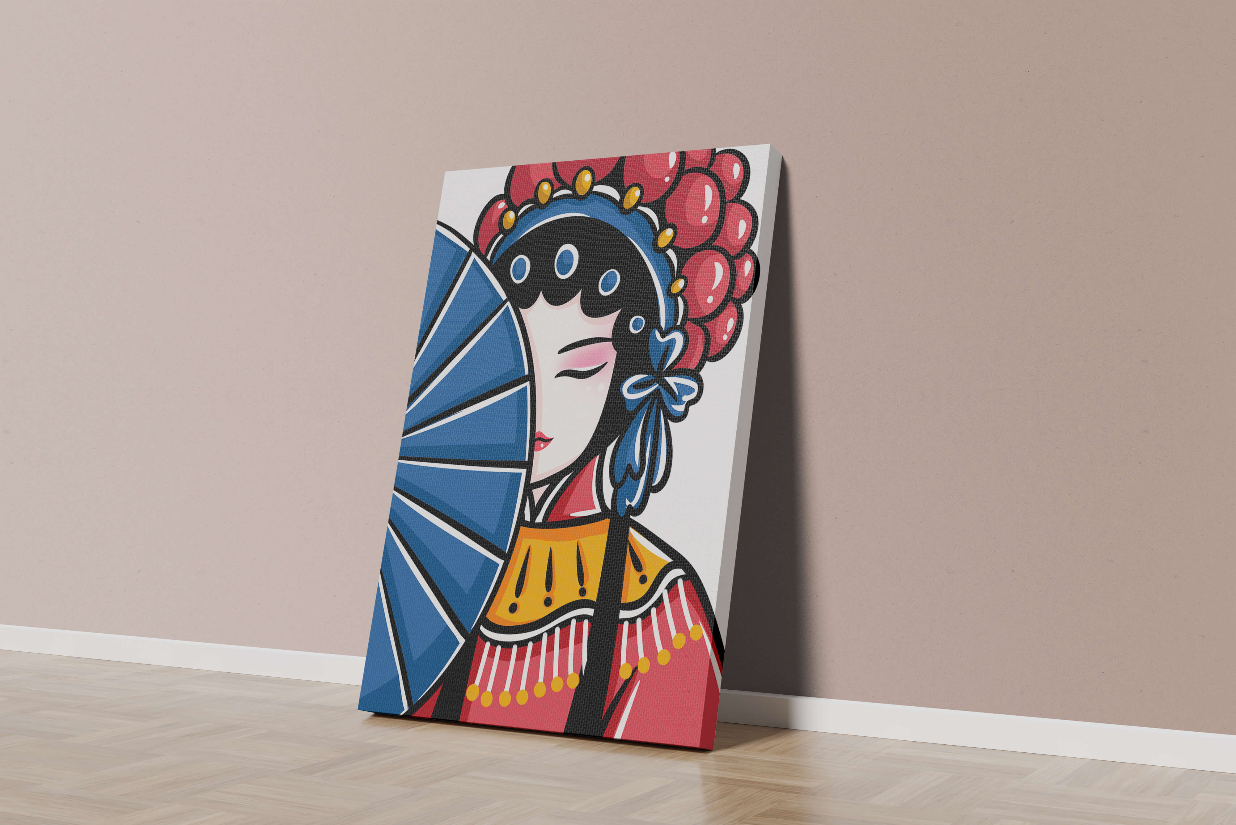 Traditional Asian opera character with fan and decorative headpiece