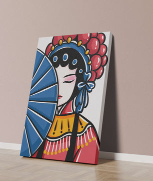 Traditional Asian opera character with fan and decorative headpiece