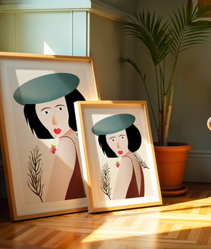 Mujer con sombrero azul y flor en estilo arte moderno