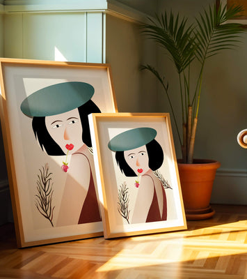 Woman with Blue Hat and Flower in Modern Art Style