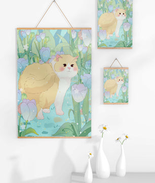 Charmante illustration d’un chat dans un jardin luxuriant de tulipes
